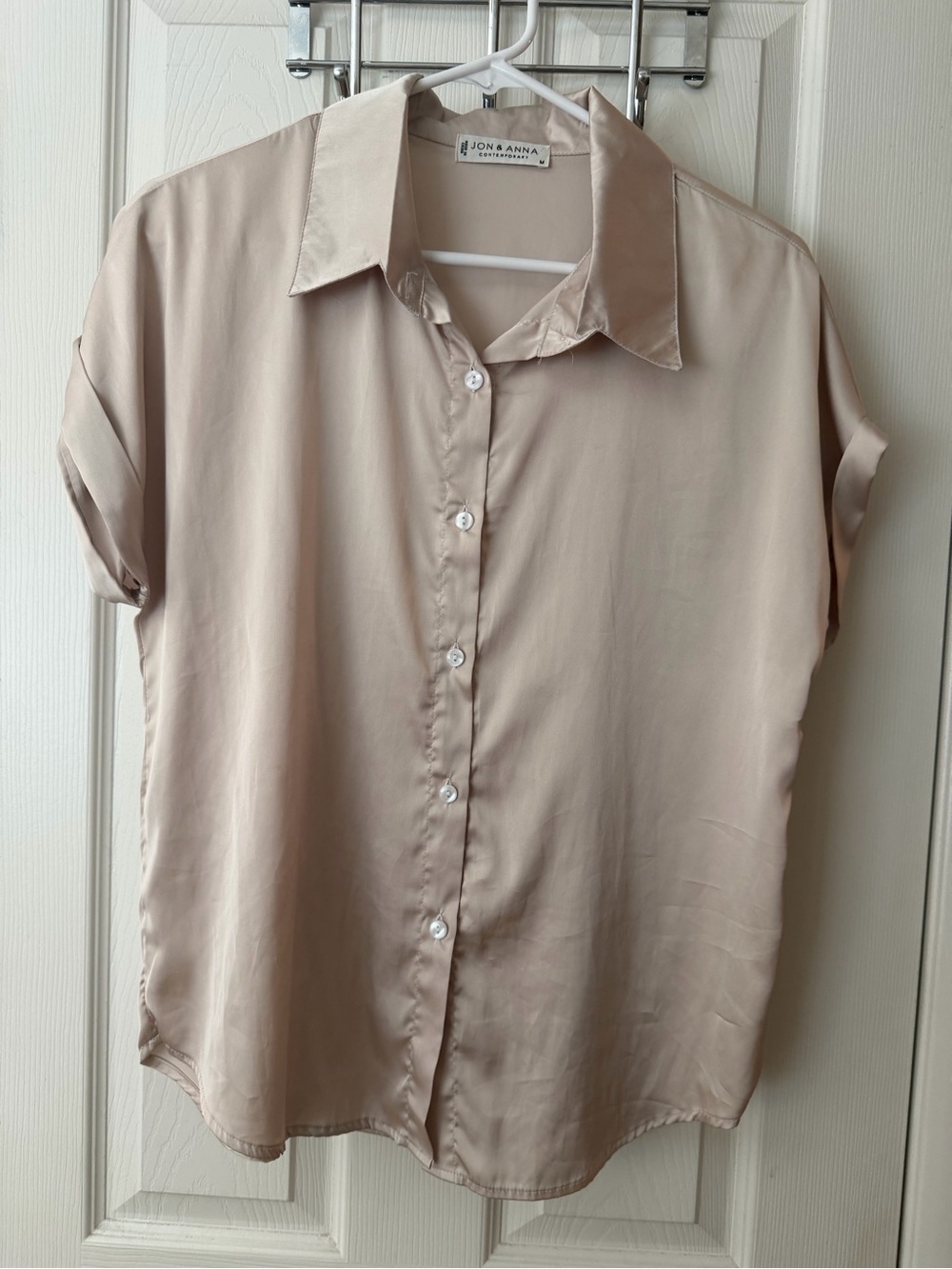 Jon & Anna Satin Short Sleeve Button-Up Blouse in Beige